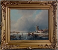 Jan Jacob Coenraad SPOHLER : Holland téli táj szélmalommal , korcsolyázókkal