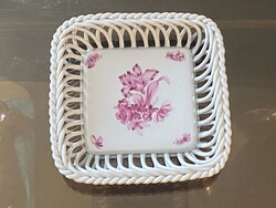 LILA VIRÁGOS, SPAGETTI TÁL, HERENDI PORCELÁN, FESTETT, JELZETT DÍSZTÁRGY 16 X 16 CM