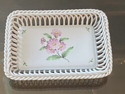 VIRÁGOS SPAGETTI TÁL, HERENDI PORCELÁN, FESTETT, JELZETT DÍSZTÁRGY 19 X 14 CM