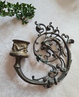 Antik szecessziós / barokk réz / bronz ötvözet falikar gyertyatartó mitologikus sárkánykígyóval