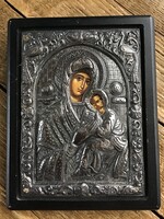 Régi kézzel festett görög ezüst ikon, fa táblán