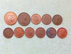 Anglia 11 db Különböző Érme 1 Penny 2 Pence 1971-2015