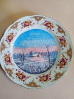 Egyedi kézzel festett porcelán dísz tányér. Téli táj.