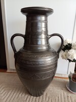 60 cm mohácsi fekete kerámia amfóra váza kézzel írt szignóval, régi etikett címkével a talpán!