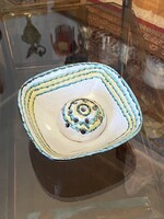 ZSÜRIZETT, IPARMŰVÉSZETI VÁLLALALTOS, SÁRGA - ZÖLD MINTÁS, RETRO KERÁMIA IKEBANA TÁL 14.5 CM