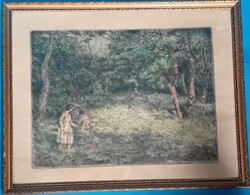 Breznay József : Virágszedők az erdőben , rézkarc életkép