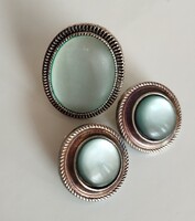 Vintage fülbevaló (klipsz) és gyűrű, opálos világos kék/zöld kővel