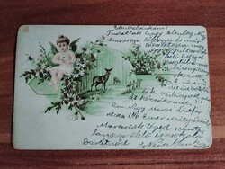 Régi képeslap, angyalka, őzike, 1905-ből