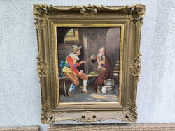 Antik Olaj vàszon festmény Enteriőr Beszélgető kàrtyàzó alakok . Szignàlt L.Loretti