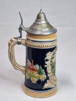 Gyönyörű fedeles domború mintás festett kerámia söröskorsó hibátlan állapotban