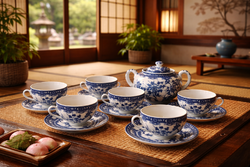 Japán tojáshéj porcelán teáskészlet, kék-fehér szilvavirág motívummal (Taisho-korszak)