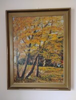 Nagyméretű, különleges őszi festmény – eredeti, jelzett (54×68 cm) Riba Márta: Őszi csend (1988)