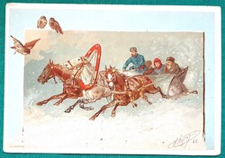 Jókívánság üdvözlő képeslap, ló, lovasszán,  orosz grafikus postatiszta képeslap