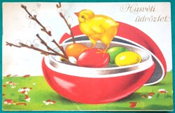Antik húsvéti grafikus üdvözlő képeslap, csirke, tojás, írott, 1935