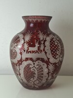 Antik csiszolt szarvasos Egermann kristály váza 17 cm