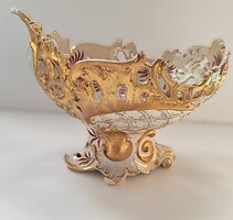 Antik Fischer Budapest áttört porcelán dísztál – kézzel festett, aranyozott, hibátlan, 25,5 cm