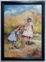 Szarka Hajnalka "Kislányok" c. keretezett olajfestmény ingyen postával