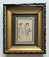 Bacchus and Ariadne. 18th century, antique watercolor painting. French school.