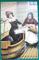 Gruss aus dem Moorbad, iszapban fürdőző hölgy, humoros, erotikus, grafikus, fürdőreklám képeslap