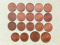 Németország NSZK 19 db Különböző Érme 1 2 Pfennig 1950-1992