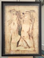 Kardos János (Budapest 1946 - New York 2018) Ádám és Éva  festménye 112x82 cm kerettel