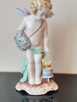 PMP Plaue (Schierholz) - Angyalka a tűznél, halas táskával, antik porcelán figura (15 cm, hibátlan)