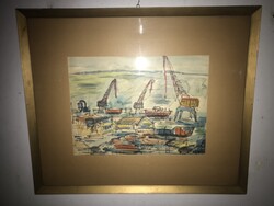 Nem York 1935, Keretezett akvarell festmény, kikőtő/hajógyár. Nem olvasható szignó.