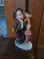 Alt Német,Germany Katzhütte 1914-1945 Kézi Festésű Madaras Esernyős Fiú Porcelán Figura.13,5 cm.