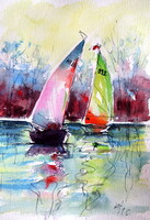Kovács Anna Brigitta: Sailboats on Balaton III -  watercolor painting - Vitorlások a Balatonon III