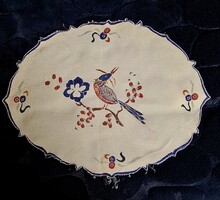 Antik vintage ovális festett paradicsommadaras selyem kis terítő