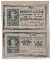1918 200 korona 2 darabos ív sorszám nélkül
