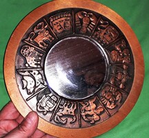MID CENTURY LIGNIFER KÉPCSARNOKOS Iparművész kör alakú fa alap RÉZ ZODIÁKUS 12 hó TÜKÖR 20 cm