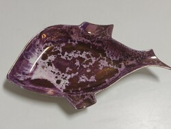 Hollóházi porcelán lila lüszter mázas, hal alakú kínáló/ hamutál