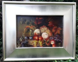 Régi festmény * Gyümölcs-csendélet * szőlő, szilva, barack.