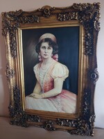 Antik női portré 1930-ból – Reprezentatív, nagyméretű olajfestmény pompás keretben