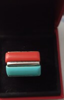 Ezüst gyűrű korallal, türkizzel