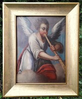 Fatáblára festett antik festmény. Barokk angyal / Puttó