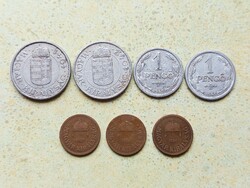 Magyarország 7 db Különböző Érme 2 Fillér 1 2 Pengő 1926-1942
