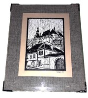 1975.Török Endre (Pilis, 1926 - 1980, Budapest) ALKOTÁSA - SOPRON TŰZTORONY LINÓMETSZET 35X20 cm
