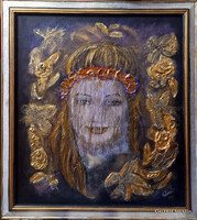 Virágos mosoly.55x60 cm-es zománckép, arannyal, Prima díjas művésztől, tanúsítvánnyal. Károlyfi/1952