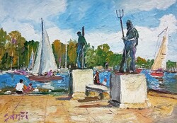 Festmény (02/19) - BÁNFI -  BALATONFÜRED, HALÁSZ-RÉVÉSZ SZOBOR (olaj, karton, 50x35  cm)