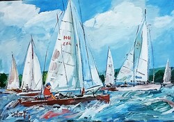 Festmény (02/04) - BÁNFI  : VITORLÁSOK (olaj, karton, 50x35  cm)