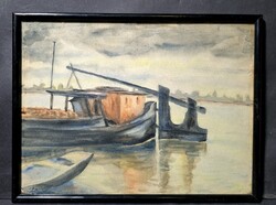 AKCIÓ! CSAK 9 EZER FT: Hajó a kikötőben - akvarell keretben - csónak, vízpart, folyó