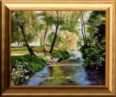 Keleti Péter: Patakpart - kerettel 52x62 cm - alkotás: 40x50cm - száma: 169/1205