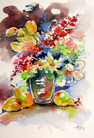 Kovács Anna Brigitta:Still life with pears -  watercolor painting -Csendélet körtékkel