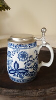Hagymamintás,ónfedeles porcelán söröskorsó