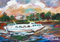 Festmény (02/13) - BÁNFI  : SZÁRNYASHAJÓ A DUNÁN (olaj, karton, 50x35  cm)