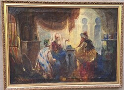 XIX SZ Magyar festő Tornai Gyula : Háremjelenet / Keleti szobabelső nőalakokkal