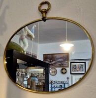 ​Art Deco stílusú, ovális sárgaréz keretes fali tükör dekoratív akasztóval
