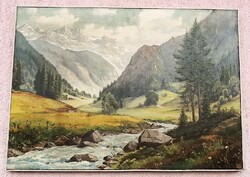 Alpesi táj rohanó patakkal, Vitange olaj-vászon festmény, ismeretlen művésztől